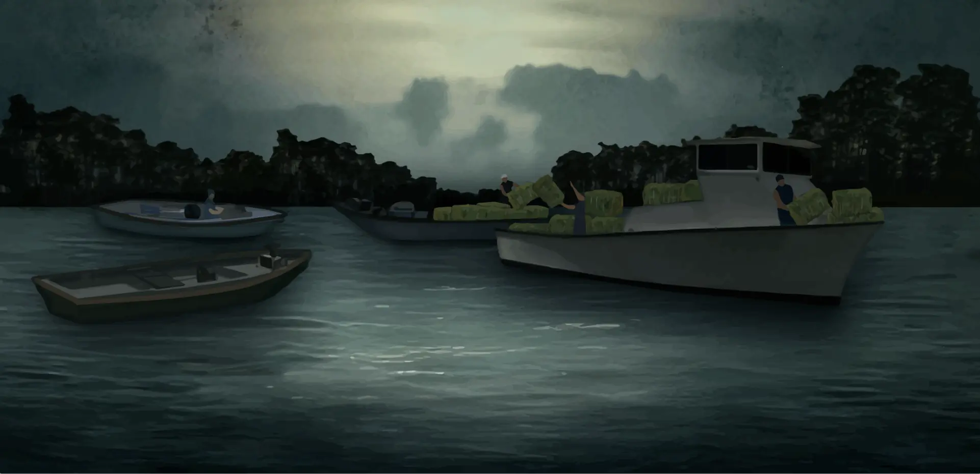 Outlaws of the Everglades film's hero scene featuring fishermen loading bails of illicit cargo into their boats under the cover of night.